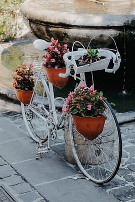 Charming vintage bicycle used as a planter, adorned with vibrant flowers, near a stone fountain.
