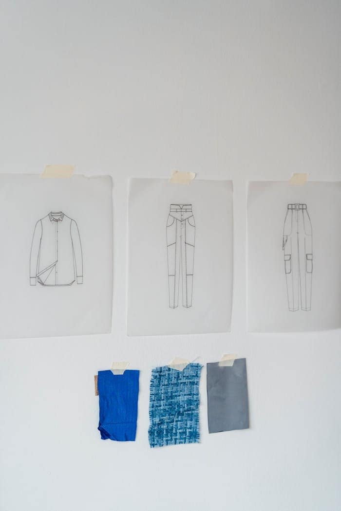 Papers with drafts of garments attached on white wall with tape near colorful samples of textile in light modern atelier