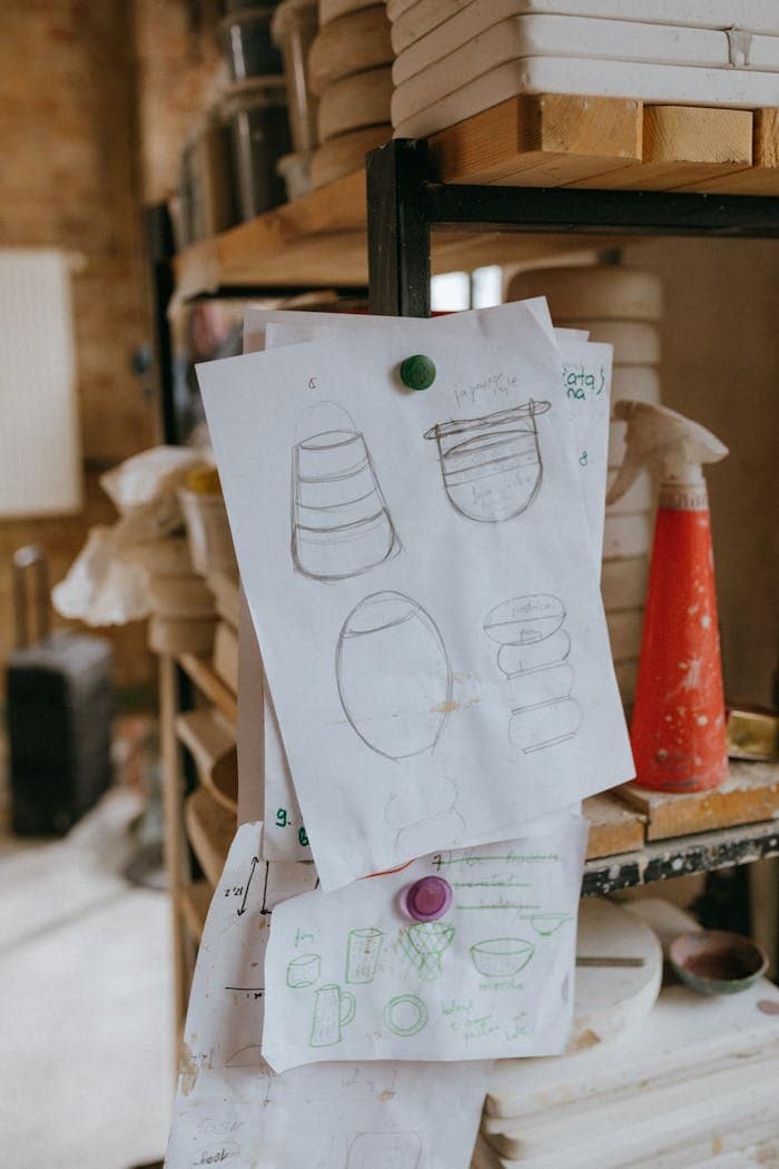 Close-up of pottery sketches pinned in a creative workshop setting.